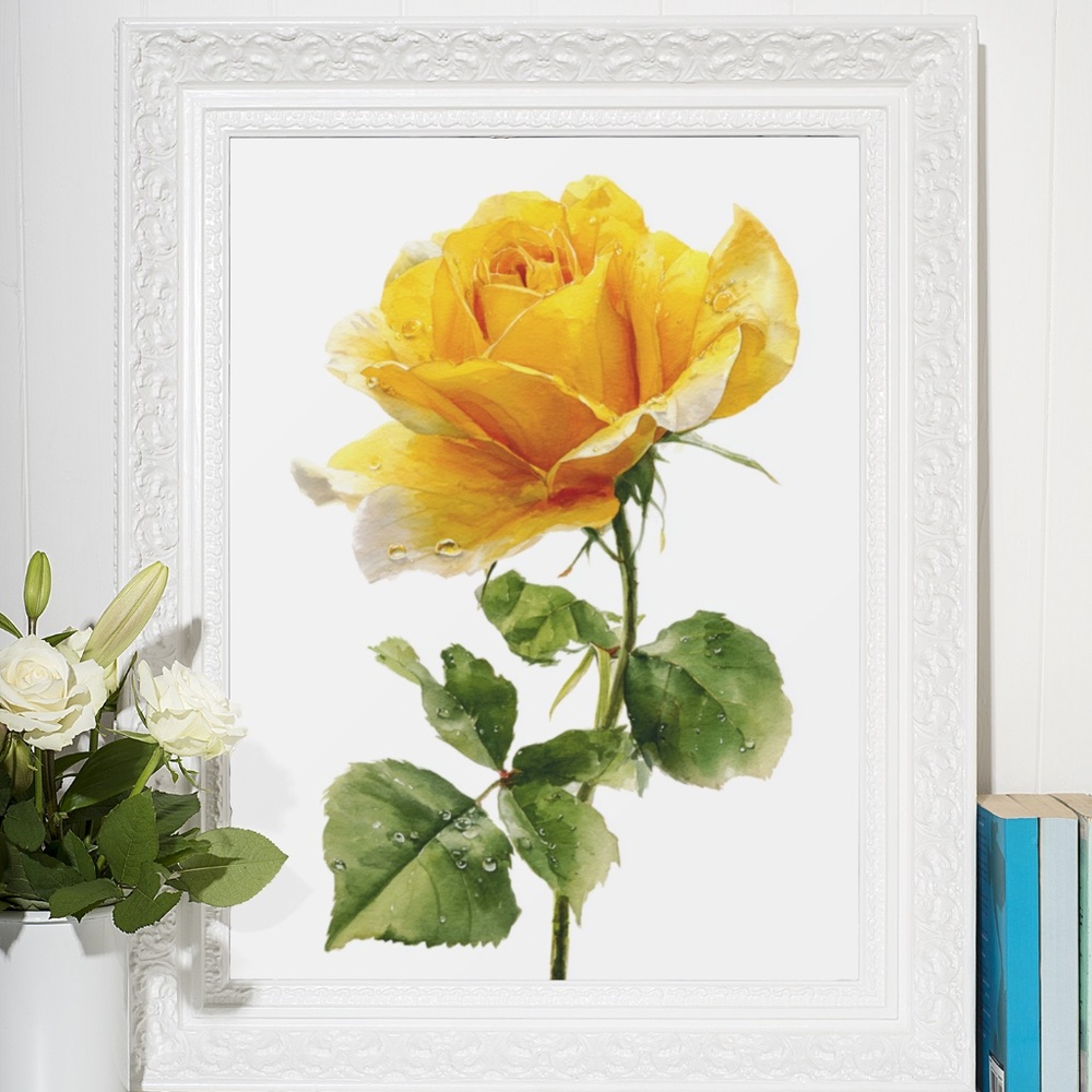 Watercolor Single Yellow Rose Wall Art Print Poster, Unframed - Delicate Floral - Picture 6 of 6